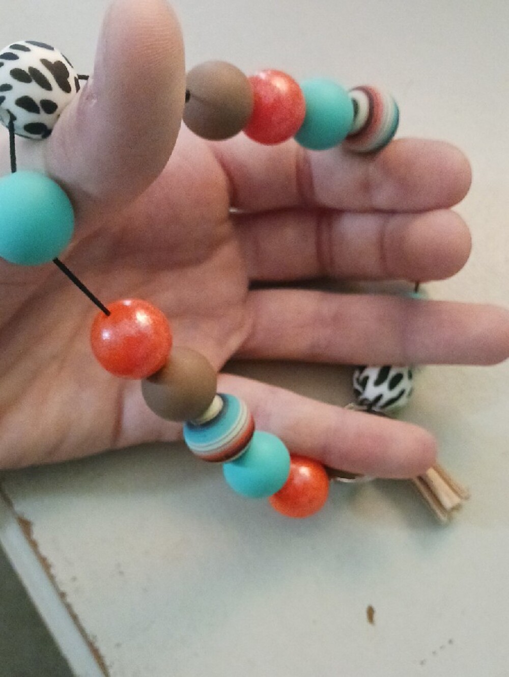 Beaded Tassel Keychain- Turquoise, Coral & Brown - Picture 4 of 4